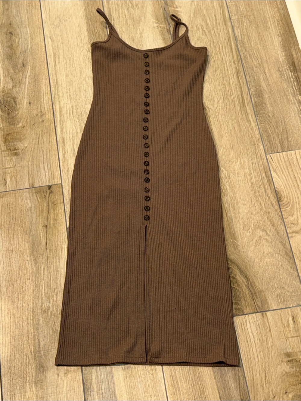 Brown Ribbed Button-Front Midi Dress